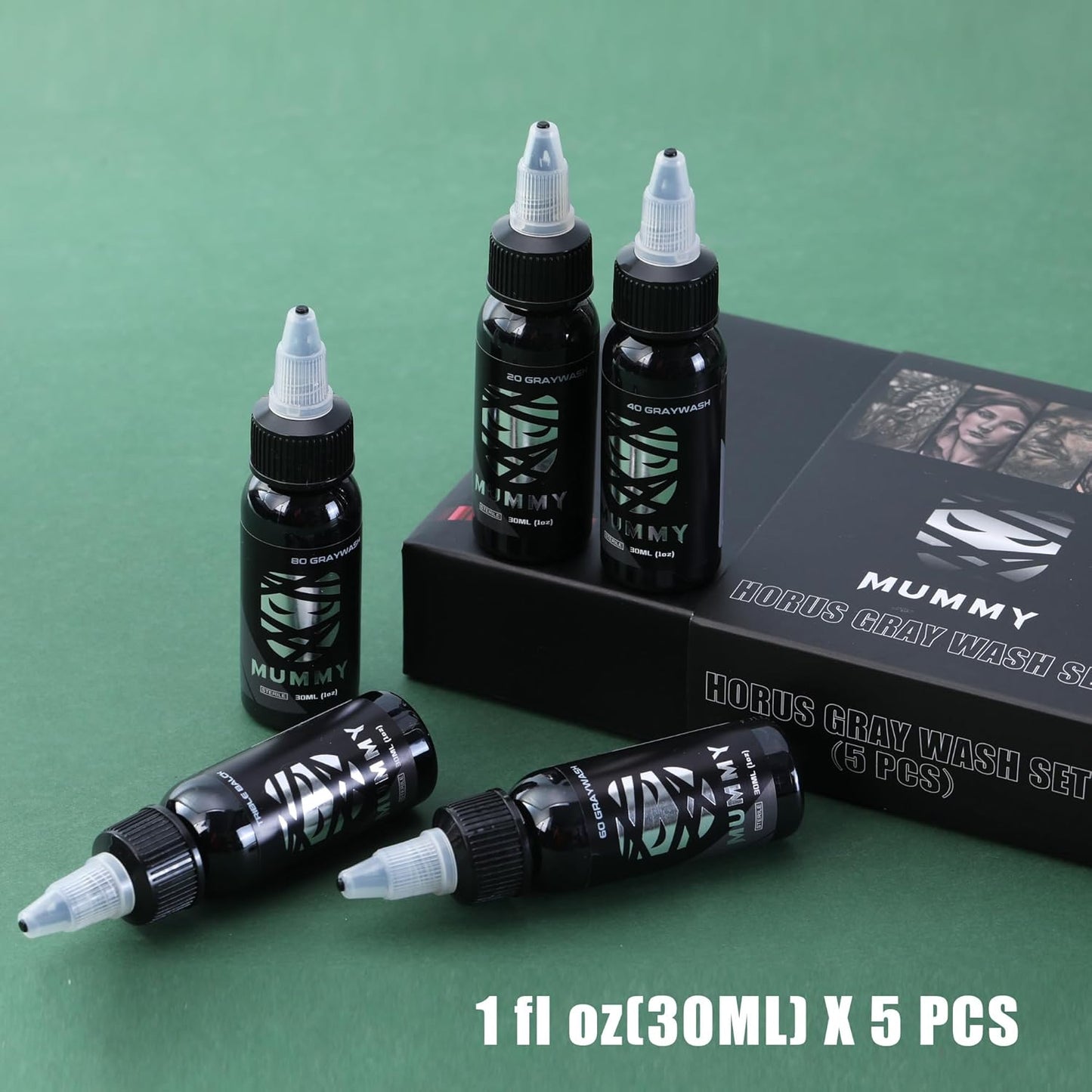 Mummy Tattoo Ink Set - 5 Bottles of Greywash & Triple Black - 1 oz Each for Professional Use