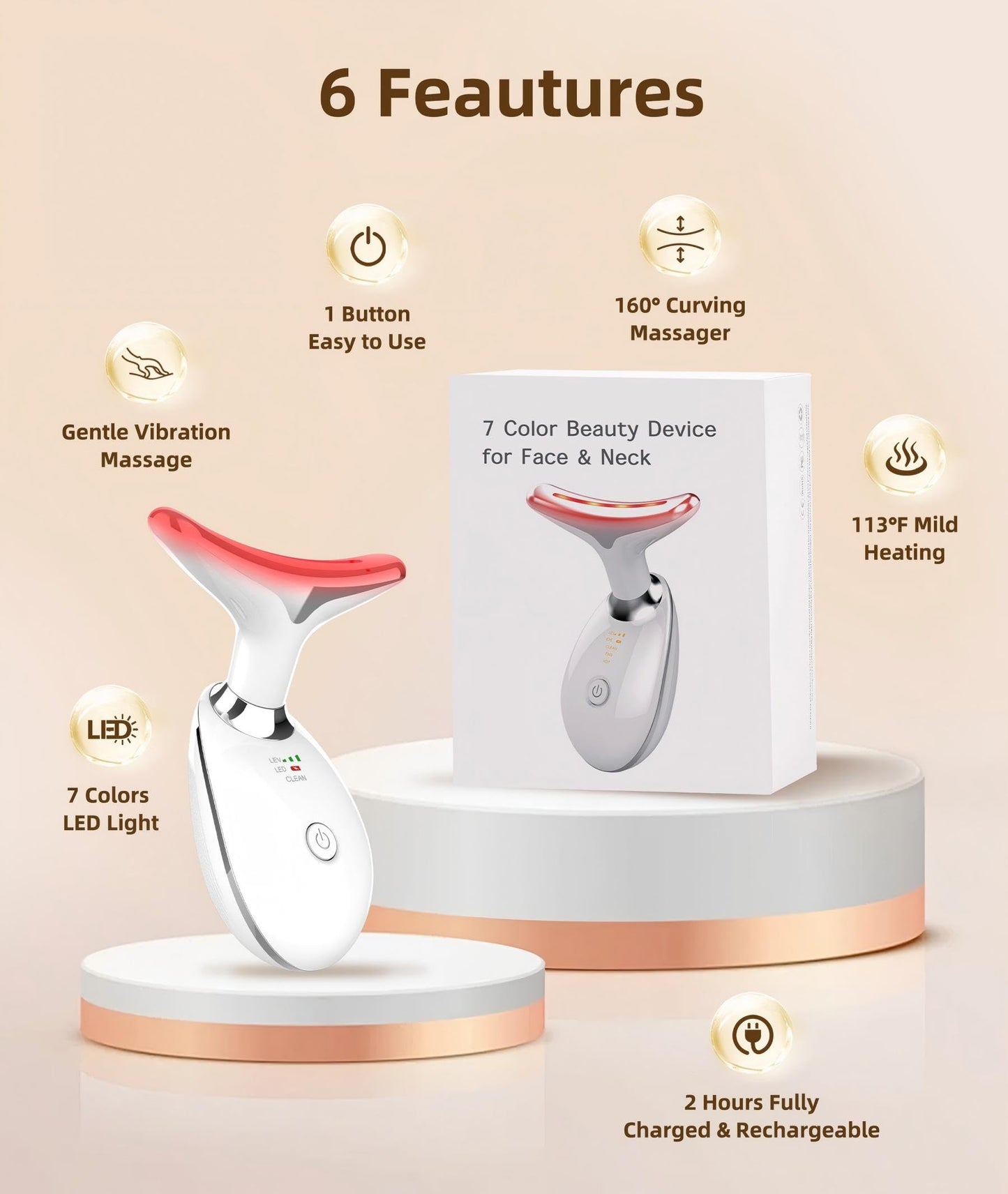 Jobazok 7 Color Face and Neck Massager Light Therapy, Red Light Based Facial Massager for Skin Care, Smoothing, Firming (White)