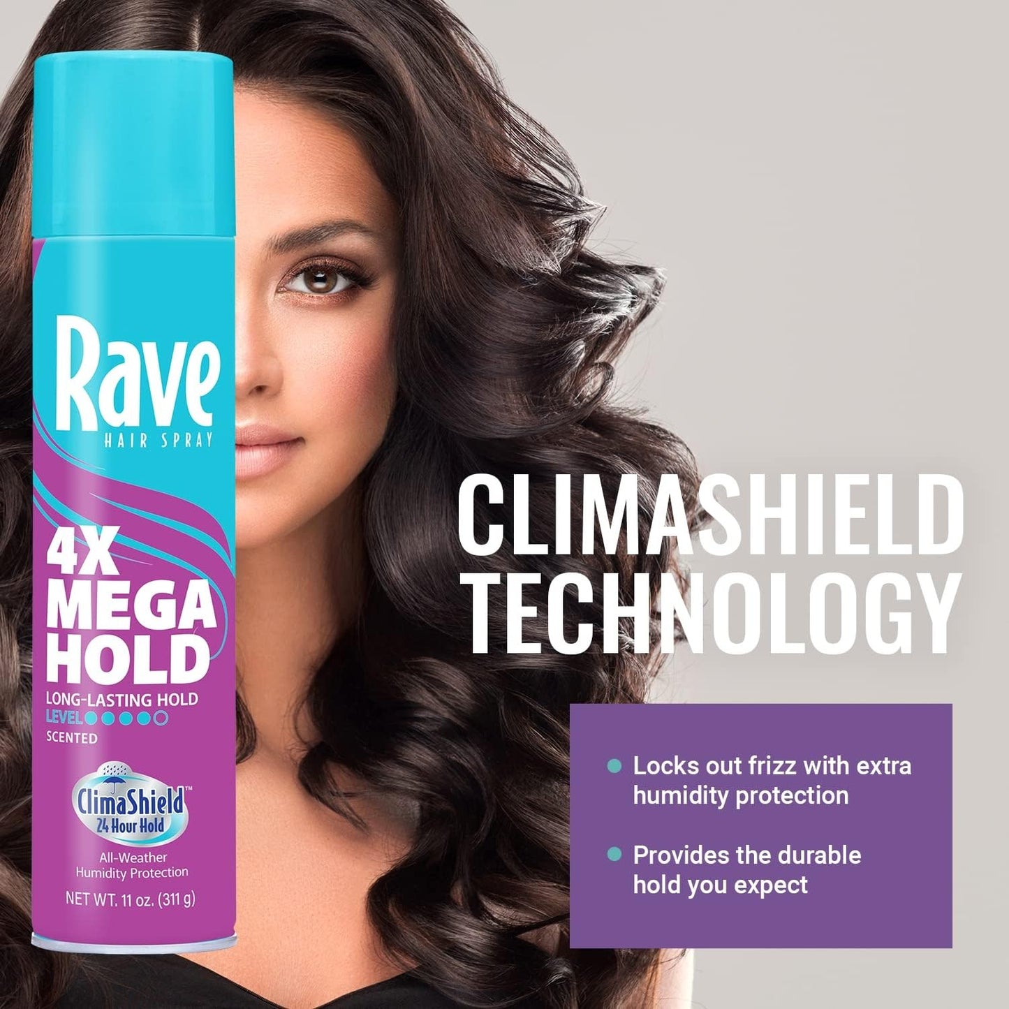 Rave 4X Mega Long-Lasting Firm Hold Scented Hair Spray for Heat Protection, Volume and Shine - ClimaShield for Extra Humidity & Minimizes Frizz - 4 pc