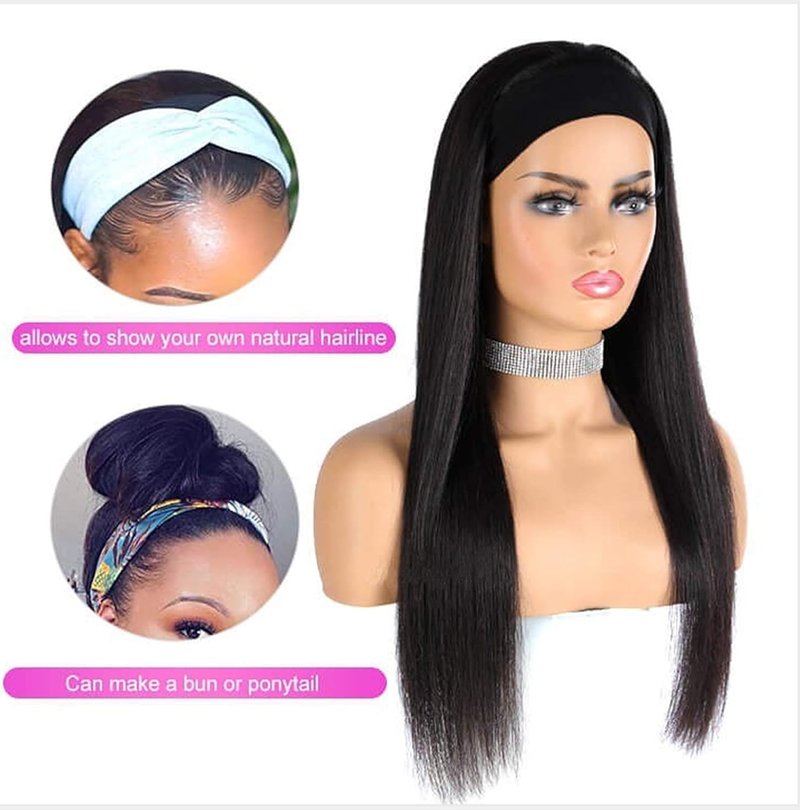 Ubetta Nature Black Headband Wig - Glueless Straight Brazilian Virgin Hair, 150% Density, 18 Inch
