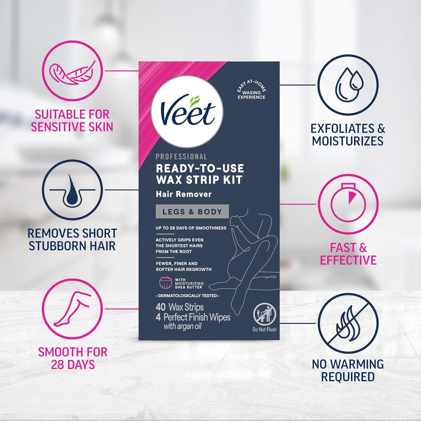 Waxing Kit for Women - Ready-to-Use Wax Strips for Body Hair Removal | 40ct Wax Strips & 4ct Wipes