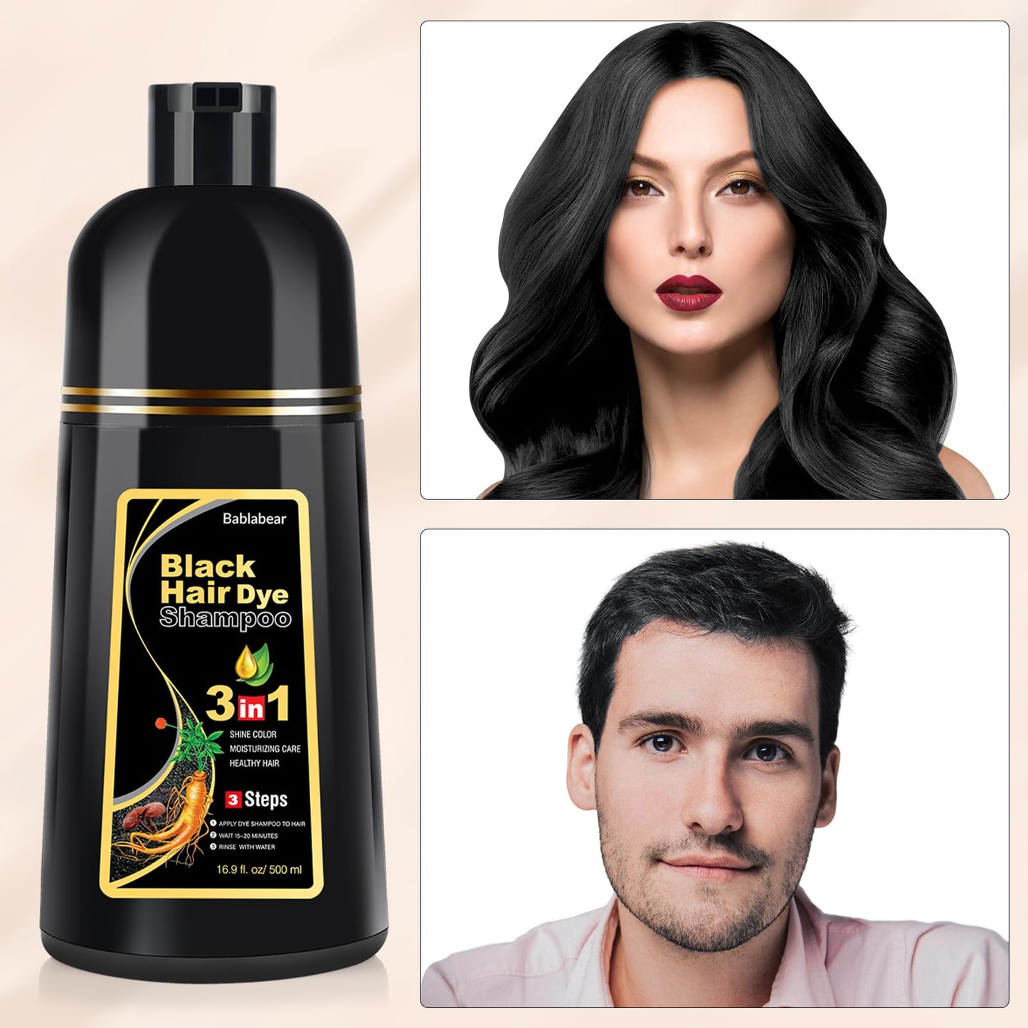 Bablabear Black Hair Dye Shampoo for Gray Hair,Hair Color Shampoo for Women and Men, Grey Coverage.500ml