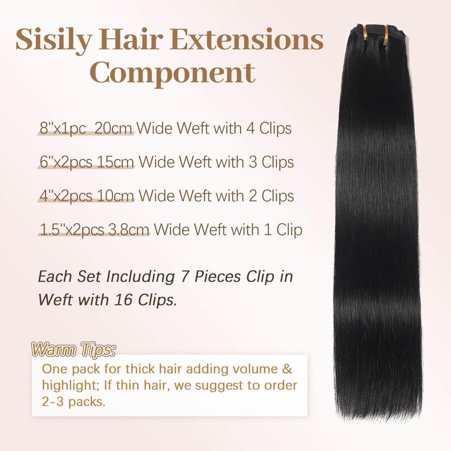 Sisily Clip in Hair Extensions Real Human Hair, Premium Human Hair Clip in Extensions Natural Black, Soft Straight Hair Extensions Real Human Hair Clip ins 7PCS Double Weft（16 Inch #1B）