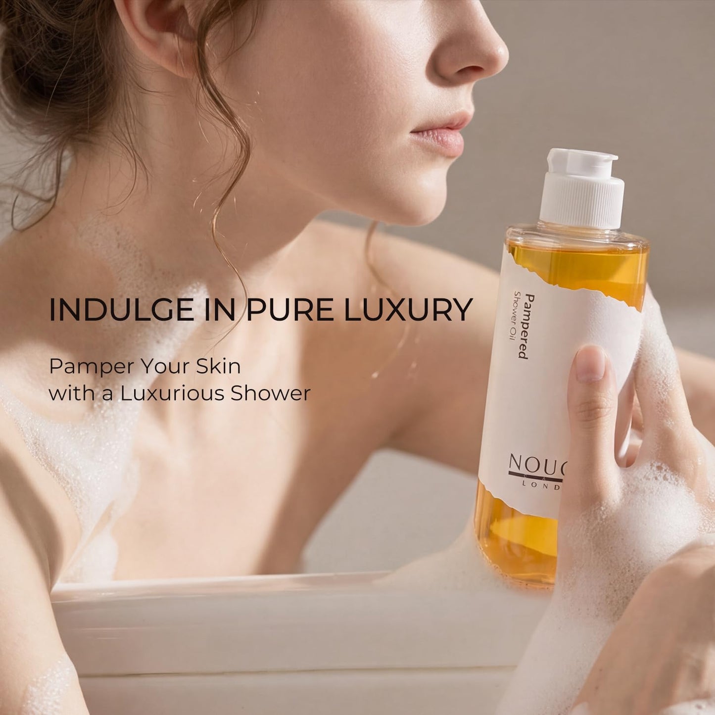 NOUGAT Pampered Shower Oil for Daily Bath Routine, Transforming Oil-to-Milk Body Cleanser for Makeup & Sunscreen Removal, Hydrating Botanical Wash for Dry Skin Relaxation at Home, Exotic Scent, 372g