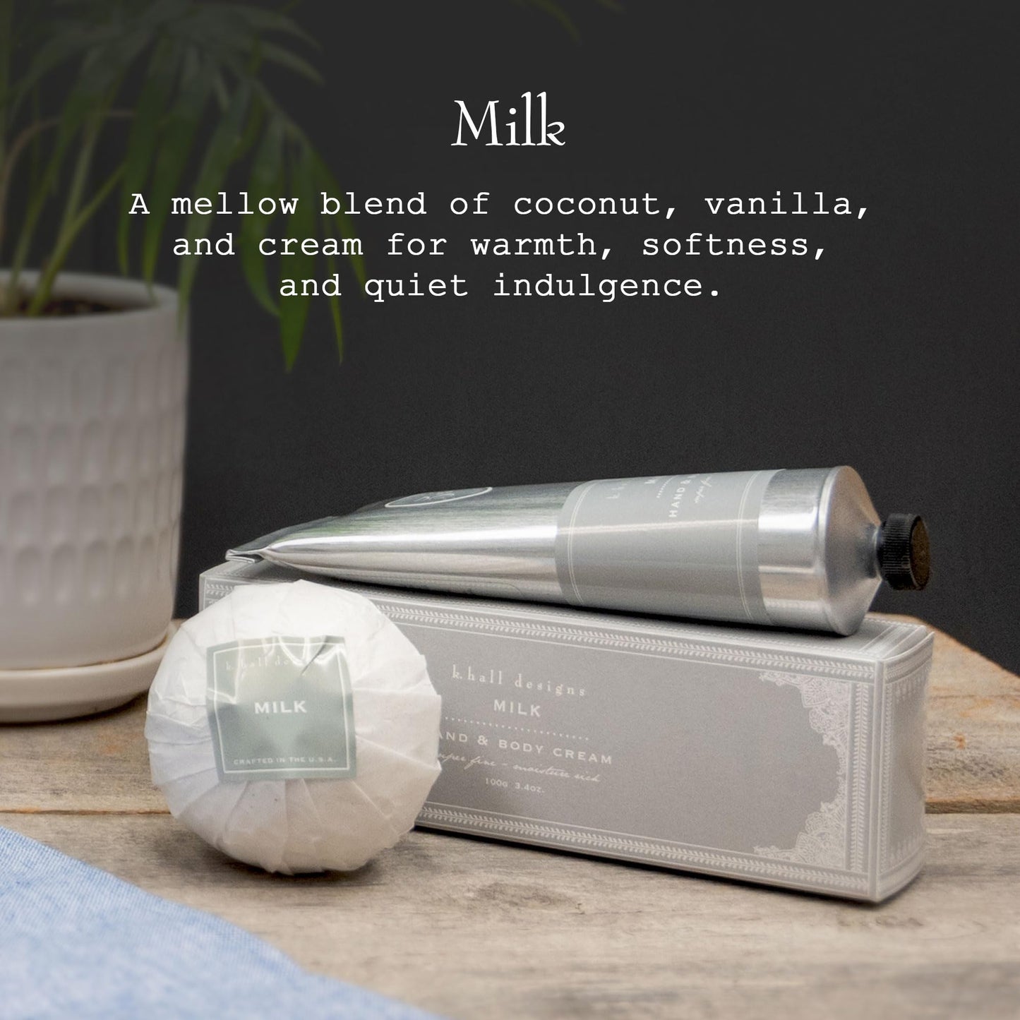 K. Hall Designs Milk Hand & Body Cream, Creamy-Sweet Scent with Coconut & Vanilla, Shea Butter Lotion for Men & Women, Relieves Dry Skin & Cracked Hands, 3.4 fl oz
