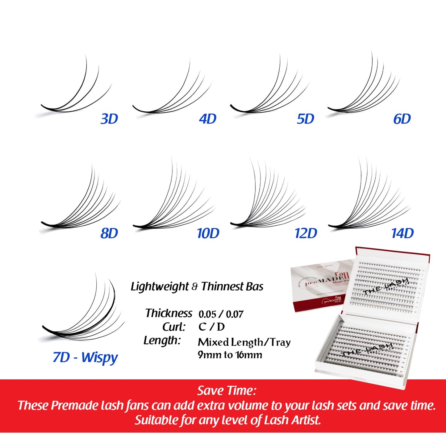 THE LASH SUPPLY 600 Fans, 5D Volume Promade Fan Mega Box, C/D Curl, Length 9-20mm, 0.07 Thickness, Natural and Long-lasting Curl, Promade Eyelash Extension Fans