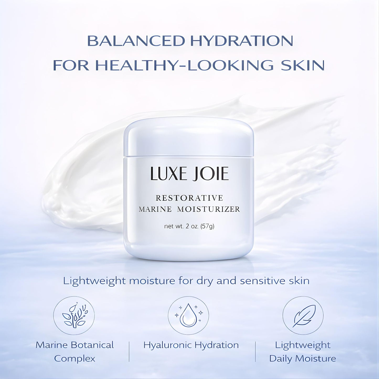 LuxeJoie Hydrating Face Cream for Dry & Sensitive Skin – Lightweight Moisturizer with Hyaluronic Acid, Aloe & Marine Botanicals – Soft Non-Greasy Finish Restorative Marine Moisturizer 2 oz