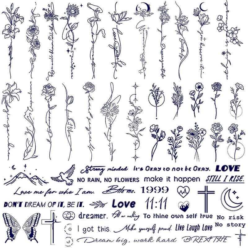 CHARLENT Semi-Permanent Tattoos for Adult - 2 Weeks Long Last Small Flower Words Tattoos for Women Men Hand Neck Body/Fades Naturally/No Reflection/Waterproof/Realistic, Minimal Line Art