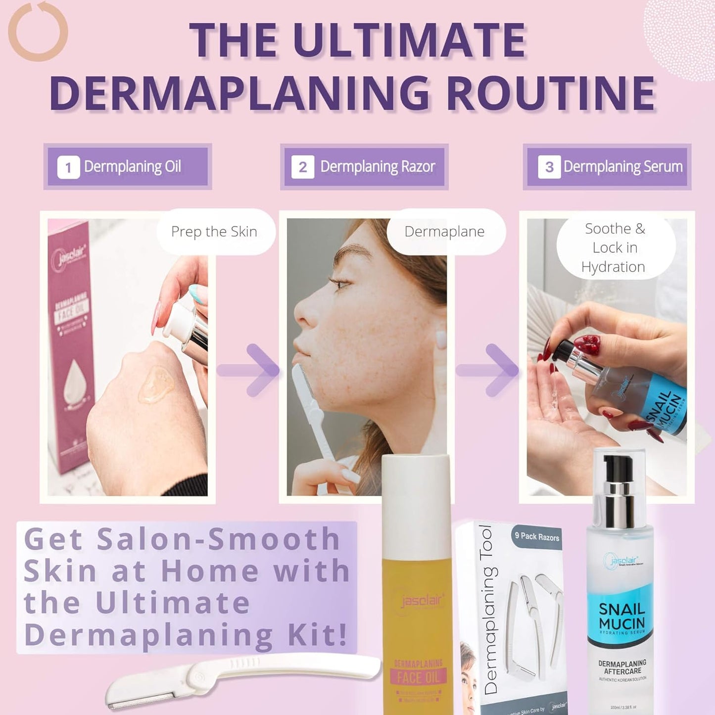 Dermaplaning Tool Set - 9 Count Face Razor with Smooth Glide Exfoliating Oil | Gentle Skin Care Essentials