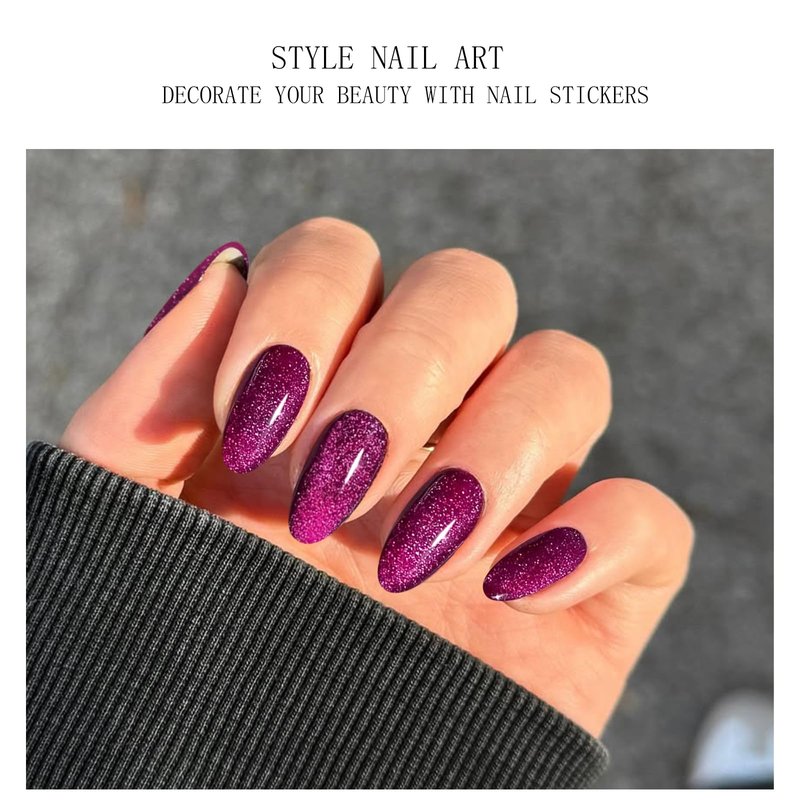 JMEOWIO Gel Nail Stickers Purple Red Glitter Cat Eyes Semi Cured Gel Nail Strips Wraps UV/LED Nails Art Design Decoration Accessories