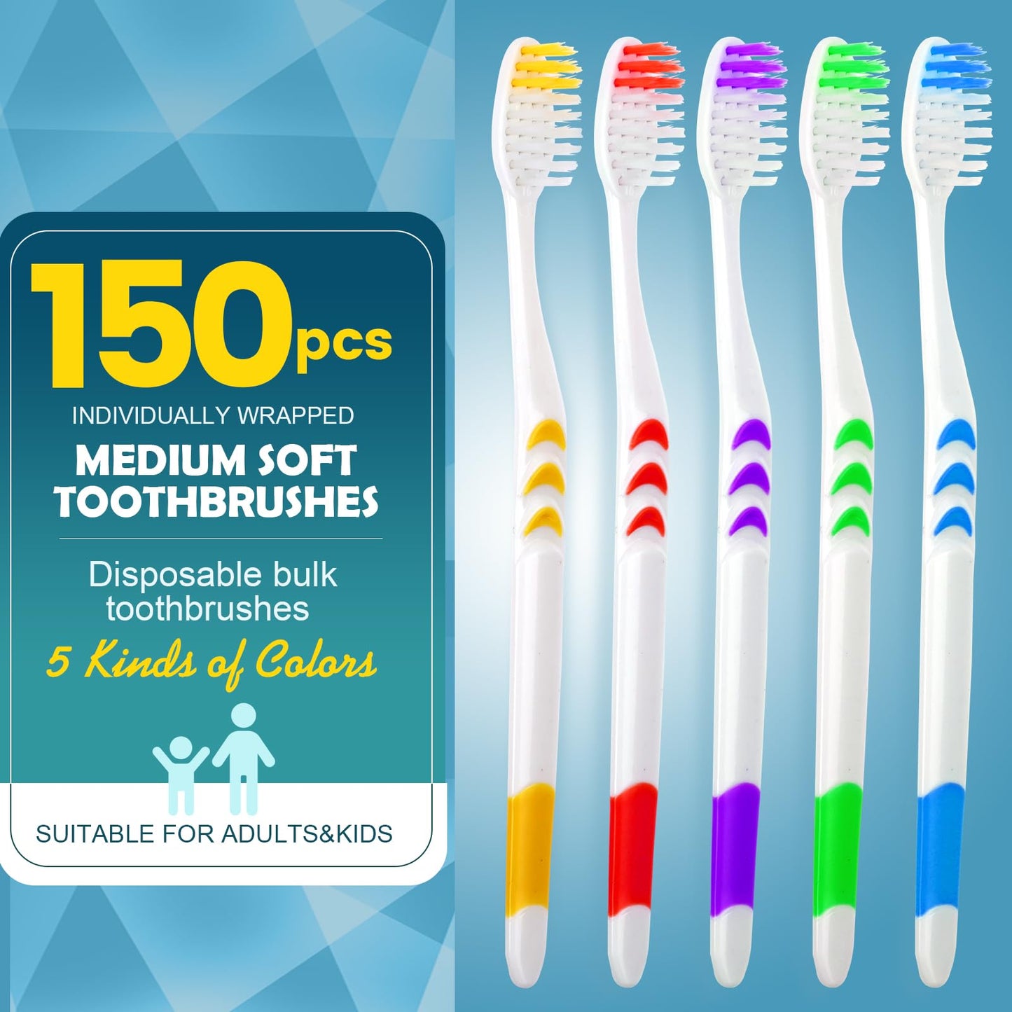 Navona 150 PCS Premium Individually Wrapped Bulk Toothbrush Pack, Disposable Toothbrushes, Kids Toothbrush, Medium Soft Bristle Toothbrushes, Ergonomics Handle, Perfect for Travel Hotel Donation