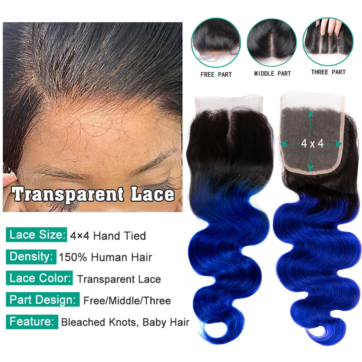 SEXAY Blue Closure 4x4 Lace Closure 100% Human Hair Brazilian Body Weaving ombre blue Color Virgin Hair Closure(18inch Blue)