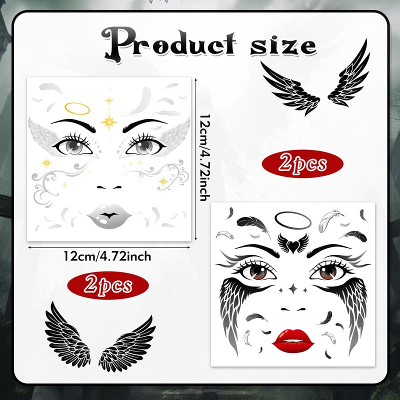 HOWAF 4 Sheets Halloween Angel Face Tattoos Angel Wing Full Face Temporary Tattoos for Hallows' Eve Angels Costumes Accessories, Black and White Fallen Angels Tattoo Stickers