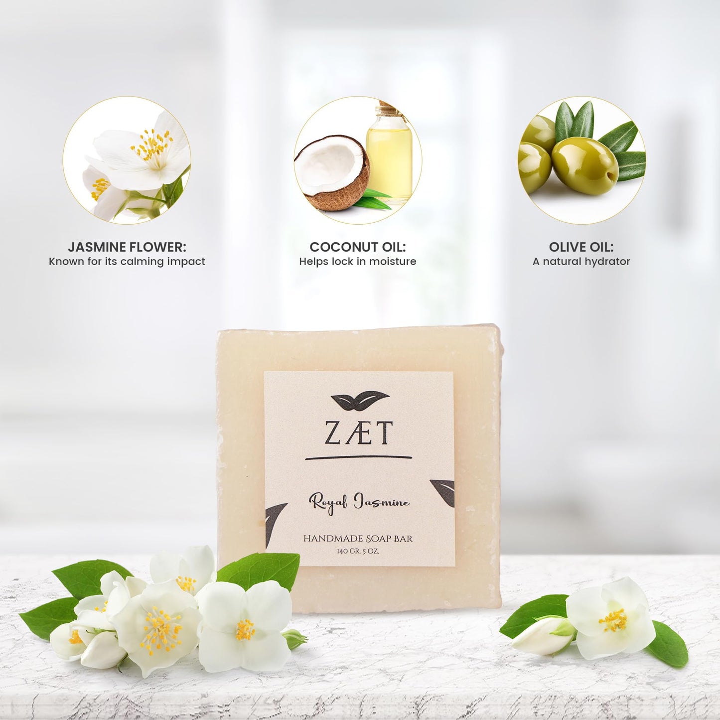 ZÆT 8-Pack Royal Jasmine Bar Soap – Natural Jasmine Extract with Olive Oil and Coconut Oil - Handmade Soap Bar for Face, Body and Hands - Ideal for All Skin Types, Men and Women