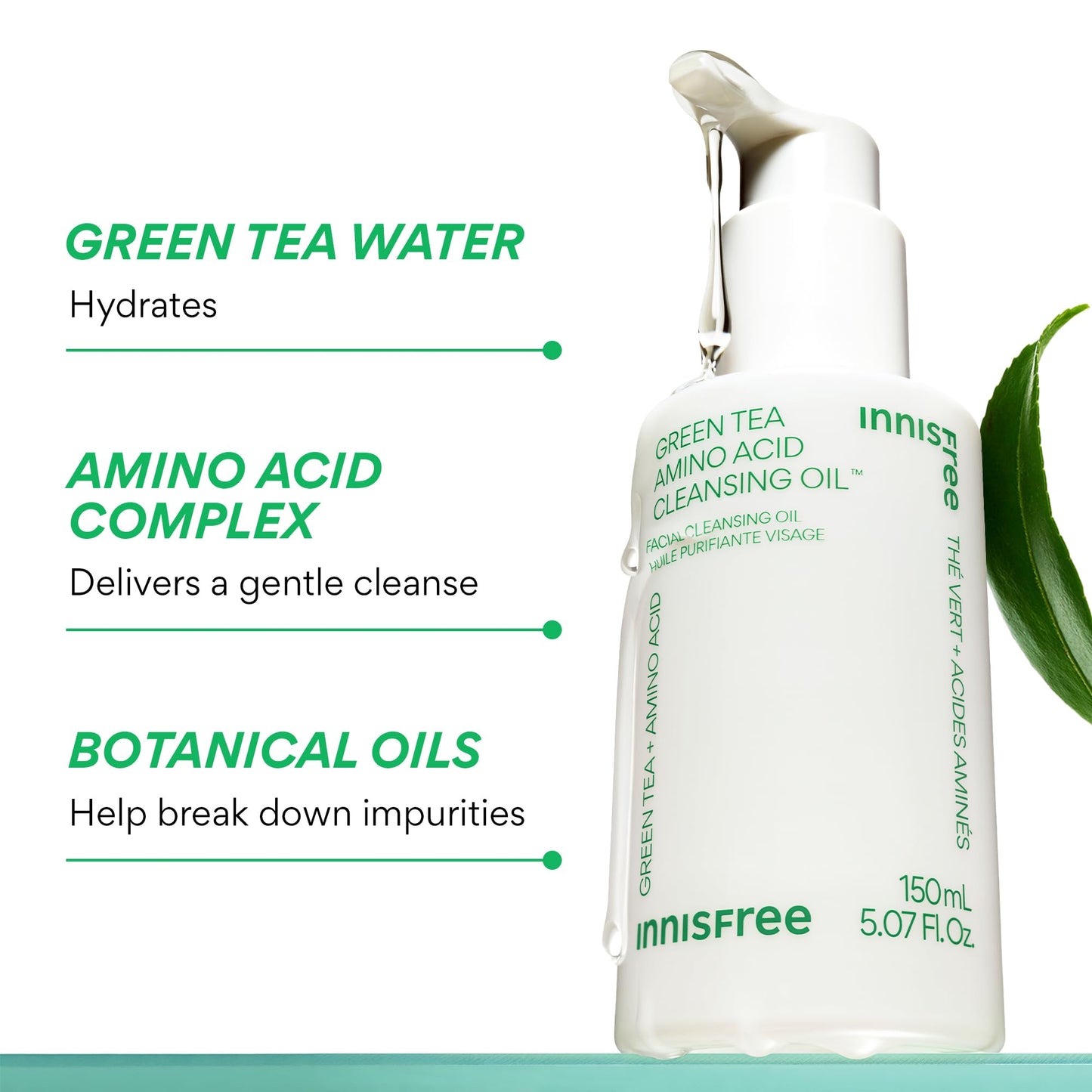 innisfree Green Tea Amino Acid Cleansing Oil | Hydrating Korean Face Wash with Jojoba for Double Cleansing | Gentle Makeup Remover | Sunscreen Dissolving Formula