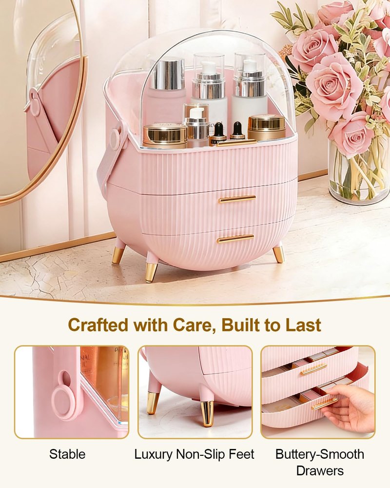 Bleutty Clear Makeup Organizer Countertop with Drawers and Lid, Dustproof Organizers and Storage for Bathroom Vanity, Ideal for Cosmetic, Beauty Supplies -Black