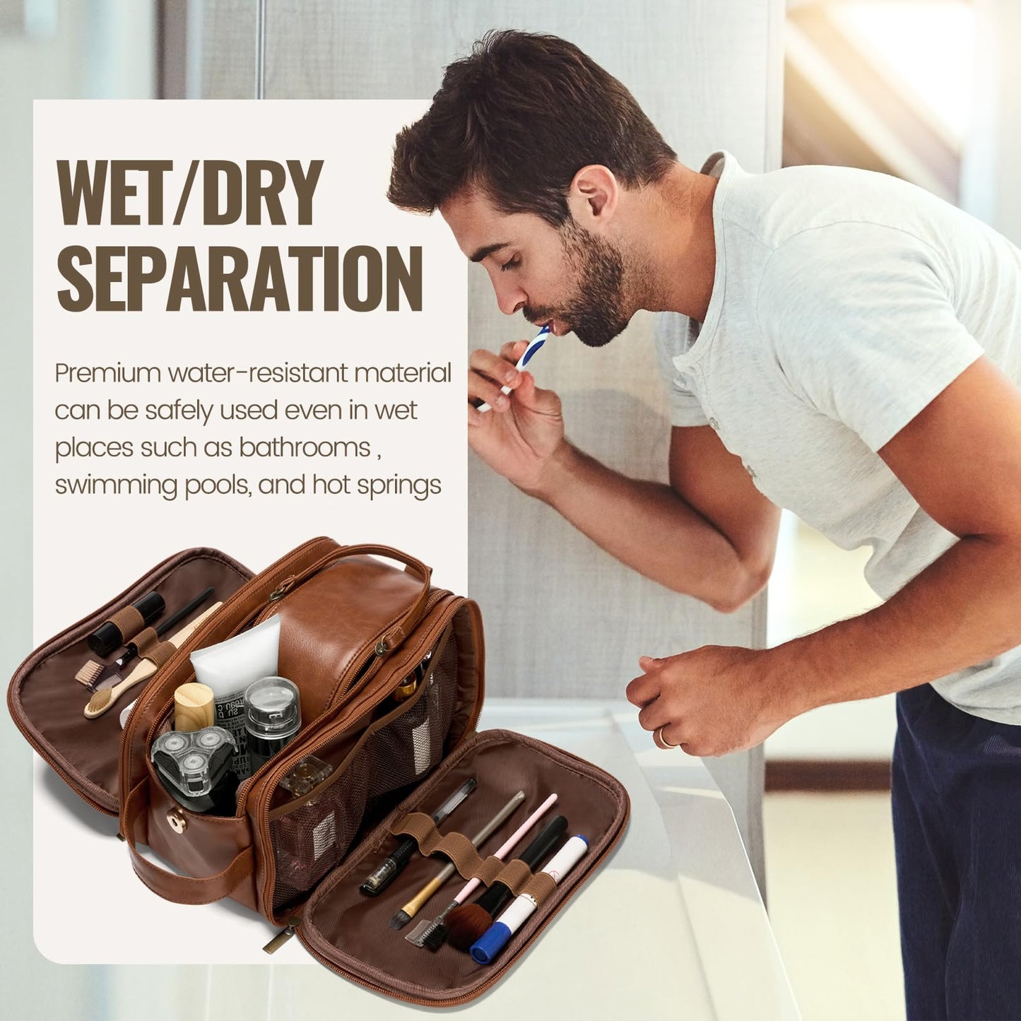 IUI Toiletry Bag for Men - Large Mens Travel Bag Toiletries Organizer- Shaving Bag for Toiletry Bathroom Water-resistant Hanging Dopp Kit PU Leather Cosmetic Bags for Traveling, Brown