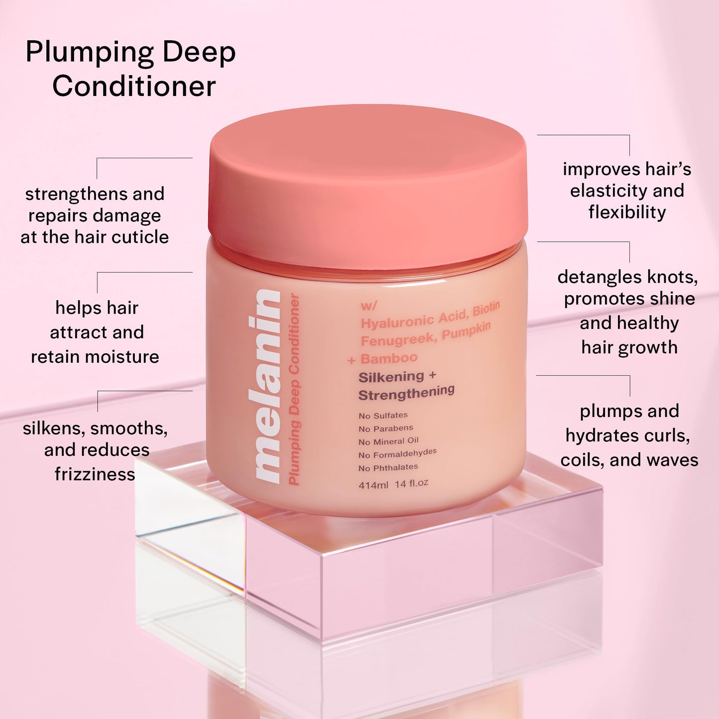 Melanin Haircare Plumping Deep Conditioner, 14oz, Moisturizing Hair Mask with Hyaluronic Acid and Biotin
