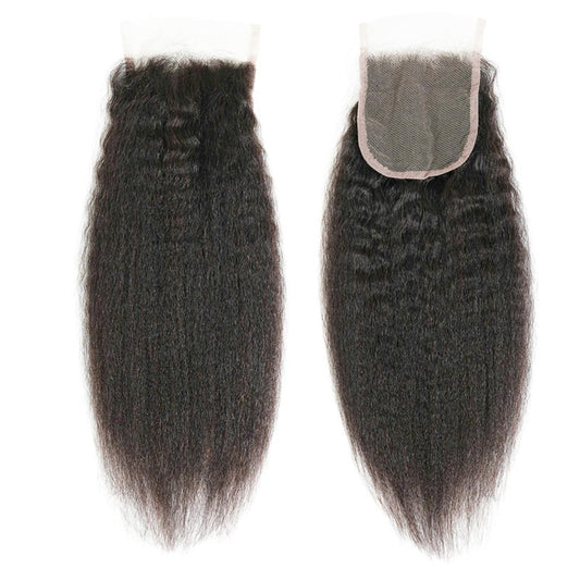 LINYINGYH Human Hair Kinky Straight Yaki Lace Closure 14 Inch No Part 4x4