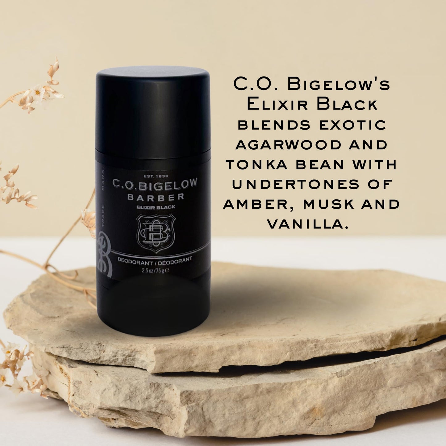 C.O. Bigelow Elixir Black Aluminum Free Deodorant for Men, Musk & Vanilla Scented Non Toxic Deodorant, Gel Stick Formula, 2.5oz