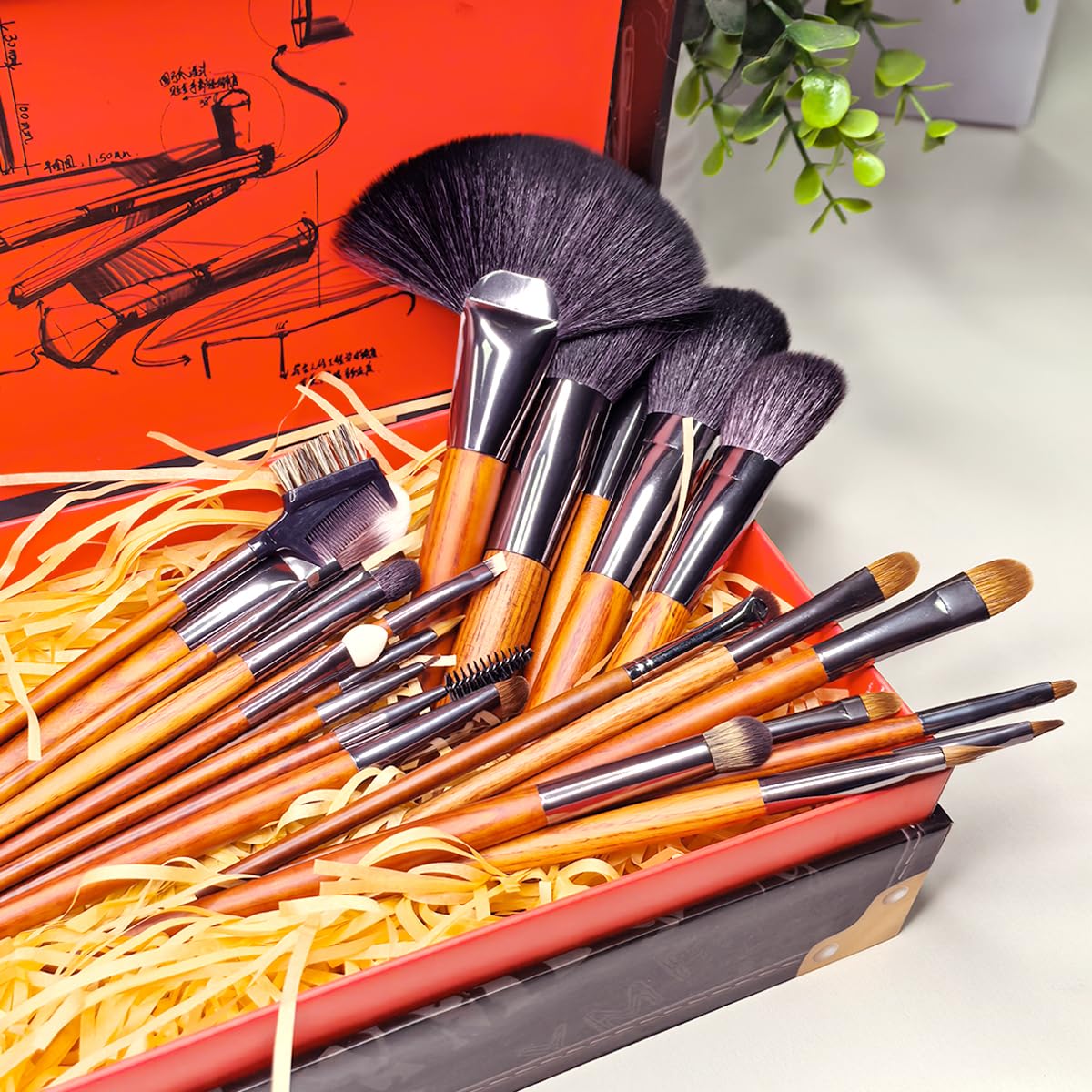 Professional Makeup Brush Set, 24 Pieces with Leather Case, Natural Hair Bristles, Wooden Handles