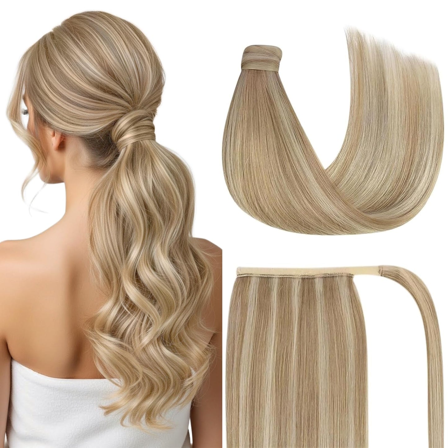 Ve Sunny Blonde Ponytail Extension Human Hair 80g Wrap Around Clip in Ponytail Hair Extensions Straight Dark Blonde Highlights Golden Blonde Remy Hair Extensions Real Human Hair for Women 14 Inch