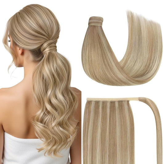 Ve Sunny Blonde Ponytail Extension Human Hair 80g Wrap Around Clip in Ponytail Hair Extensions Straight Dark Blonde Highlights Golden Blonde Remy Hair Extensions Real Human Hair for Women 14 Inch
