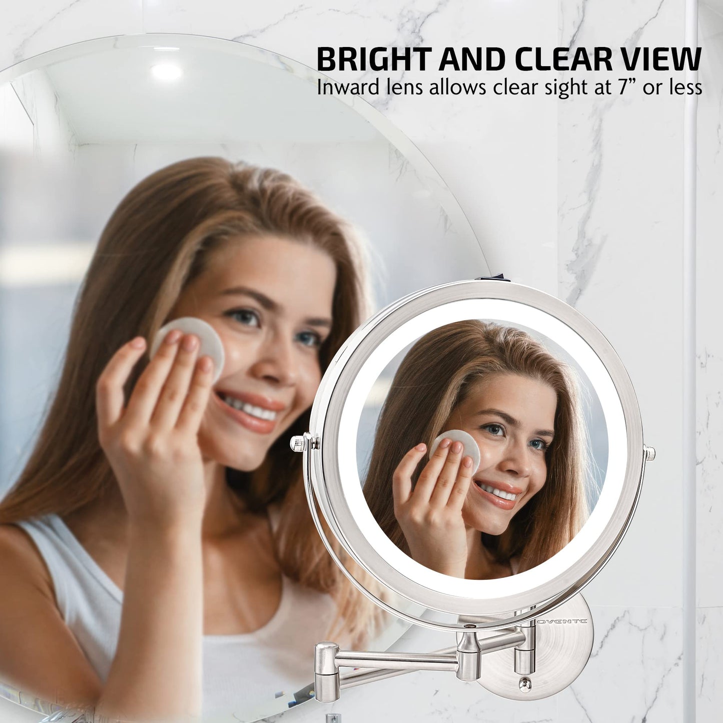 OVENTE Wall Mounted Lighted Makeup Mirror, 9" Double Sided 1X/7X Magnifying Vanity Mirror for Bathroom with LED Lights, Cordless, 360° Rotation and 13" Extendable Arm, Nickel Brushed MFW85BR1X7X