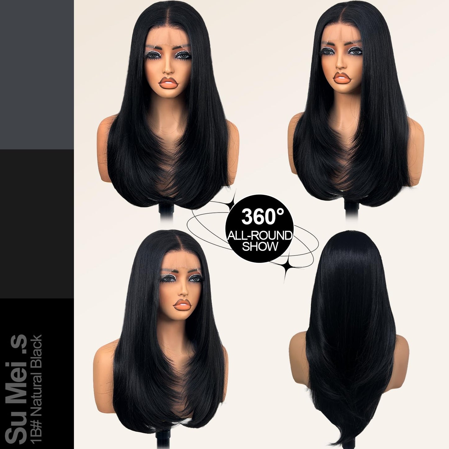 Su Mei.s Glueless Synthetic Lace Front Wig 26 Inches Long Straight Black Wigs for Black Women 13x5x1 HD Lace Hand Tied Pre Plucked Hairline (#1B Natural Black, 26 Inch)