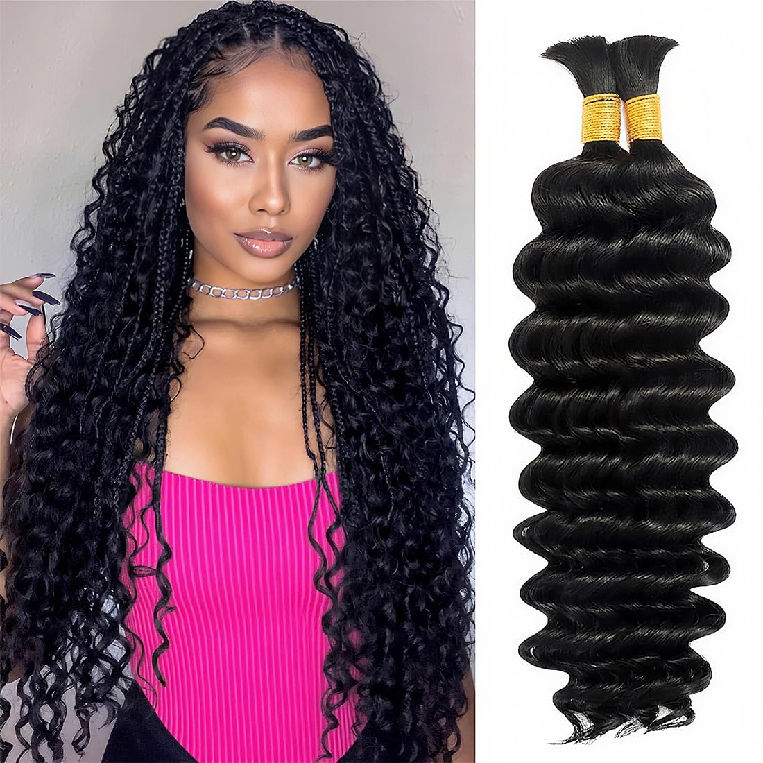 Human Braiding Hair 2 Bundles 100g 22 Inch Deep Wave Bulk 100% Human Hair for Braiding No Weft 12A Brazilian Virgin Human Hair Extensions for Boho Braids Natural Black