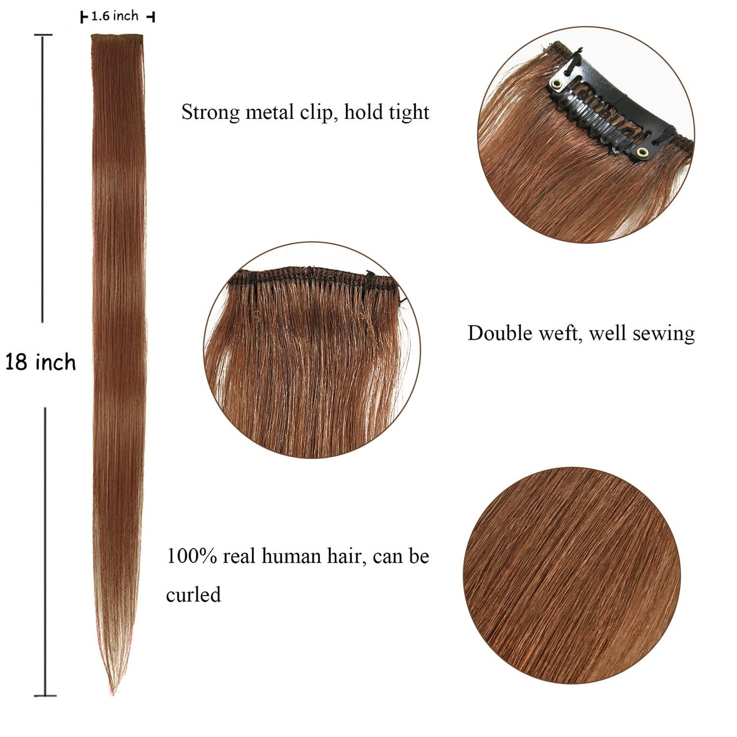 5pcs Dark Auburn Copper Brown Clip in Hair Extensions 100% Human Hair 18 Inch Colored Party Highlights Clip in Extensions for Women Kids Girls