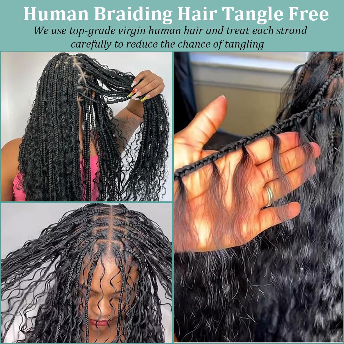 Human Braiding Hair for Boho Braids Human Hair Braiding No Weft Wet and Wavy Human Hair Braiding Hair Extensions For Boho Braids 2 Bundles 100g（20inch,#1B Black Water Wave)