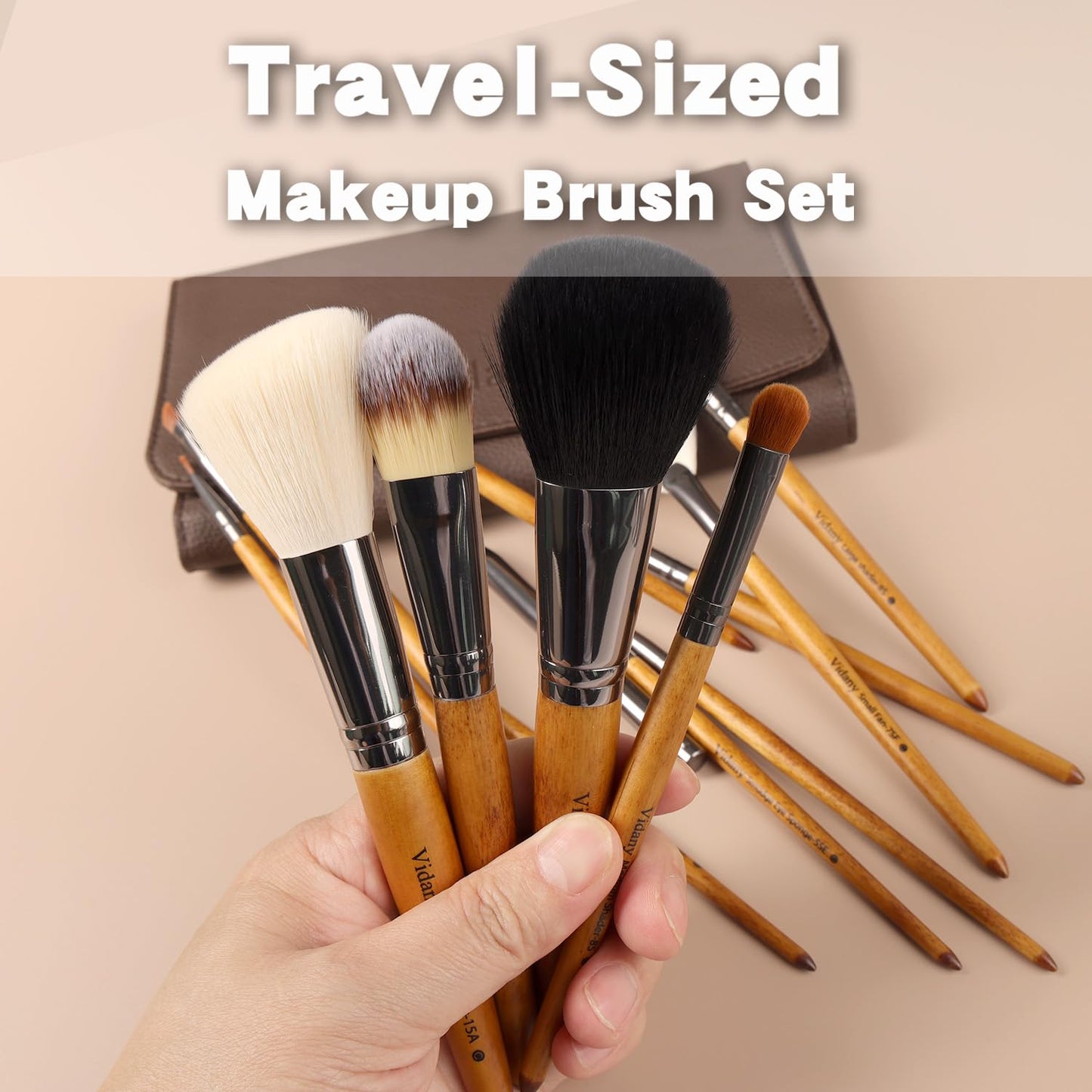 Vidany Makeup Brush Set,15pcs Walnut Wooden Makeup Brushes With Leather Button Bag, Professional Makeup Brushes For Foundation Concealer Kabuki Blush Eyeliner Shadow Brow, Makeup Brush Sets & Kits