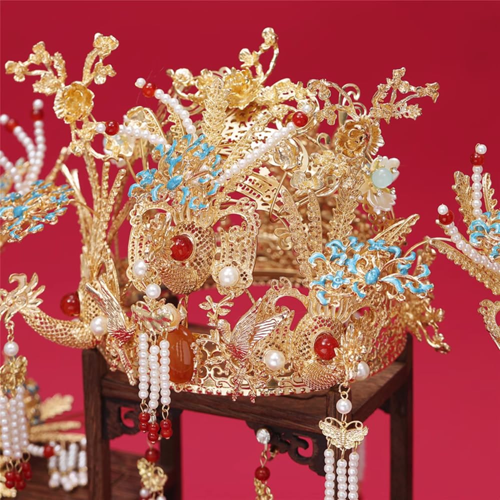 Chinese Wedding Bride Hair Accessory Chinese Crown Wedding Hair Accessories Golden Flower Floral Beaded Flapper Headband Jeweled Bridal Wedding Tiara (Phoenix)