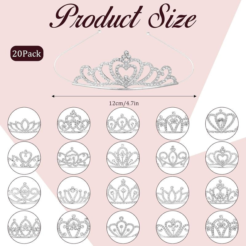 Sparkly Glitter Rhinestone Crown Headbands - 20 Pack Hair Tiaras for Weddings, Proms & Parties | 4.7 In, 20 Styles