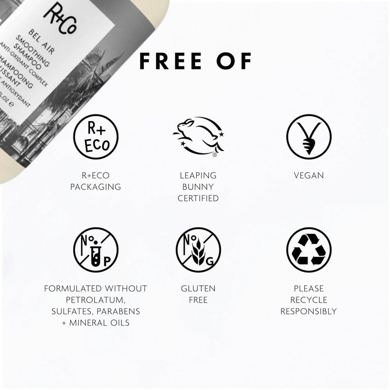 R+Co Bel Air Smoothing Shampoo – Anti-Oxidant Complex for Smooth, Frizz-Free Hair for All Hair Types – UV Protection, Shine & Hydration – Sulfate-Free, Vegan & Cruelty-Free – 8.5 oz