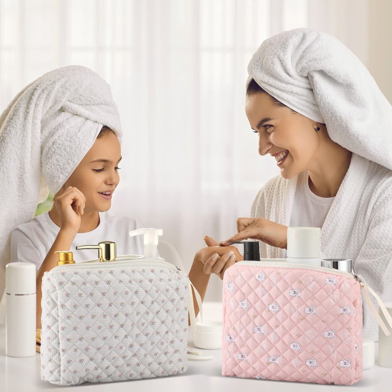 Sweetude 6 Pcs Quilted Makeup Bag Cotton Cosmetic Bag Cute Flower Aesthetic Large Floral Makeup Pouch Coquette Travel Toiletry Kawaii Stuff supplies for Women Girls