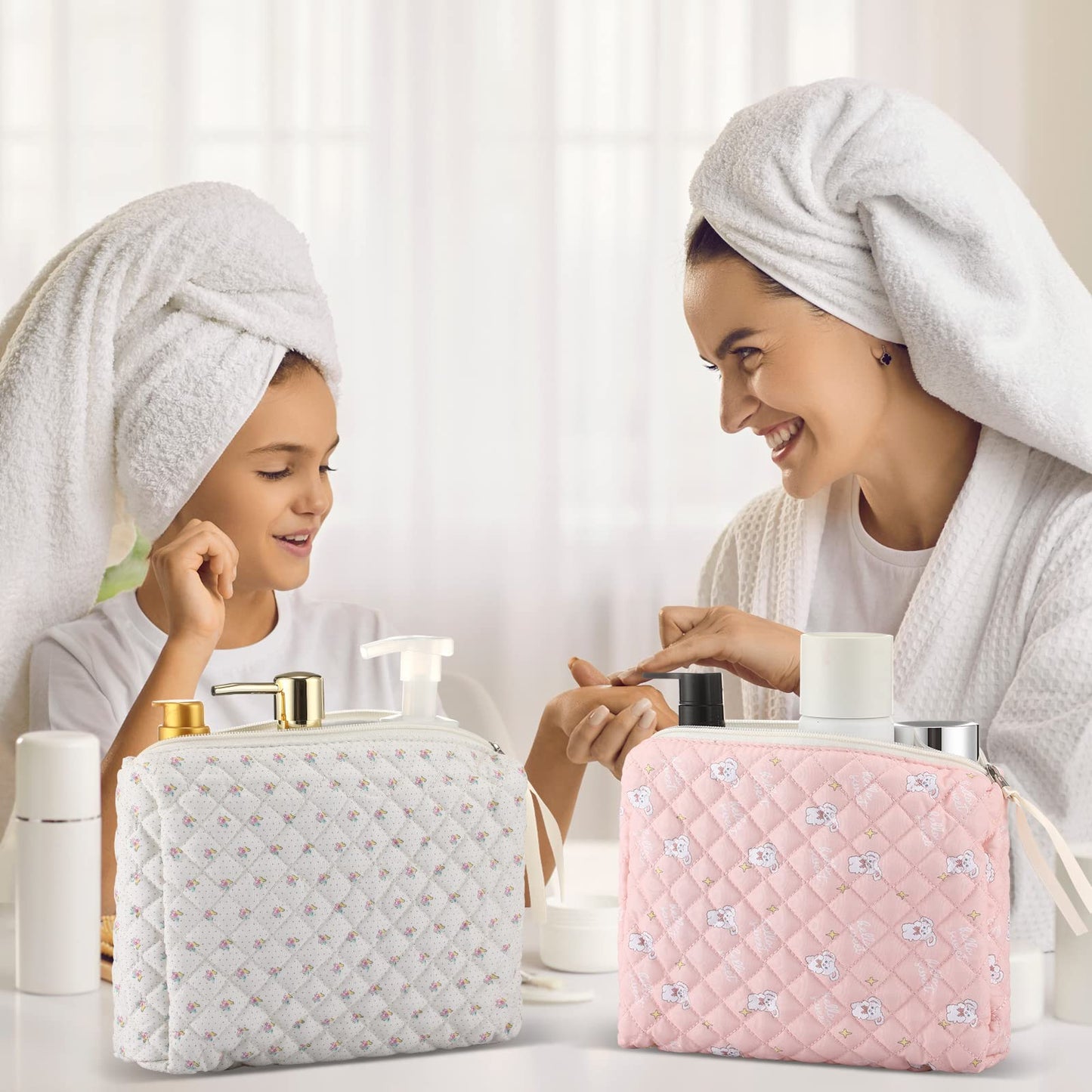 Sweetude 6 Pcs Quilted Makeup Bag Cotton Cosmetic Bag Cute Flower Aesthetic Large Floral Makeup Pouch Coquette Travel Toiletry Kawaii Stuff supplies for Women Girls