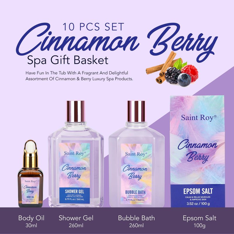 Christmas Spa Gift Set Basket for Women Cinnamon Berry, Gift Baskets, Spa Gifts Women Teen Girls Bath and Body Gift Sets,Self Care Spa Kit