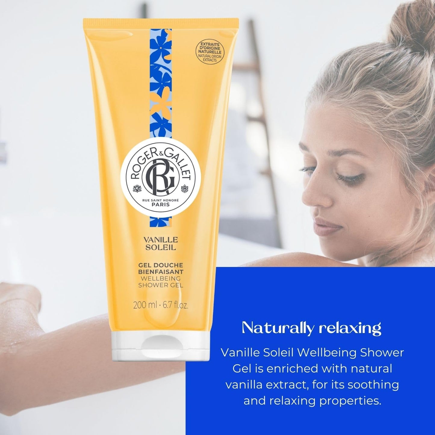 ROGER & GALLET Wellbeing Shower Gel – Plant-Based Hydrating Body Wash with Aloe Vera, Gentle Foaming Cleanser for Soft Skin (VANILLE SOL - Vanilla | 6.7 Oz)