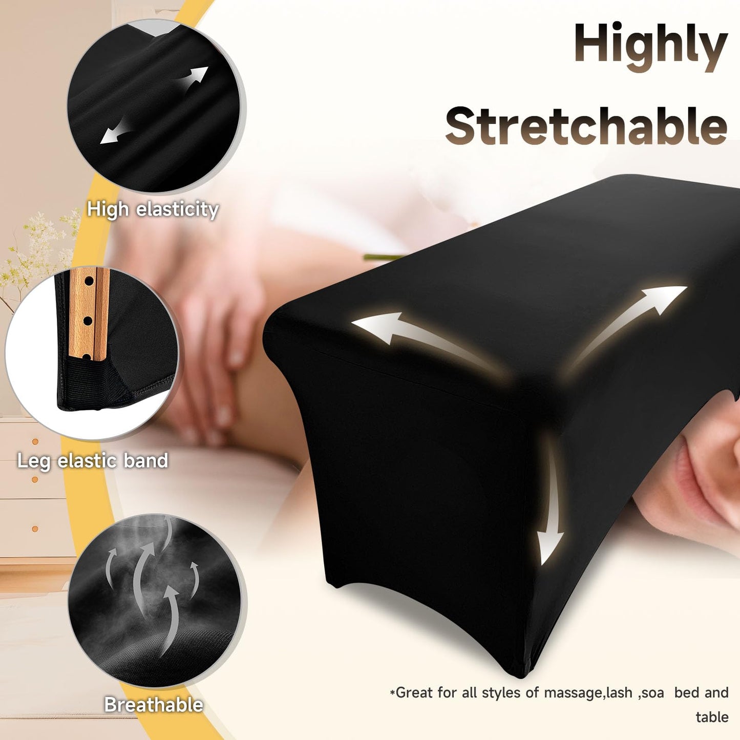 Elastic Lash Bed Cover Black Massage Table Cover Made of 90% Polyester and 10% Spandex, Spa Sheet Set for Lash Extension Bed or Massage Table