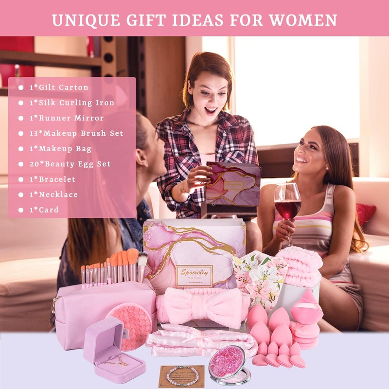 Unique Birthday Gifts for Tween Teen Girls - 40 PCS Trendy Stuff Gifts Set for Teen Girls, Makeup Brushes Makeup Bag Birthday Gift Ideas Gift Set for Her Mom Sister Wife Best Friend(Pink)