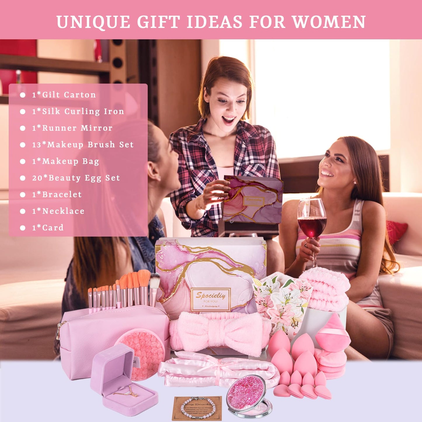 Unique Birthday Gifts for Tween Teen Girls - 40 PCS Trendy Stuff Gifts Set for Teen Girls, Makeup Brushes Makeup Bag Birthday Gift Ideas Gift Set for Her Mom Sister Wife Best Friend(Pink)