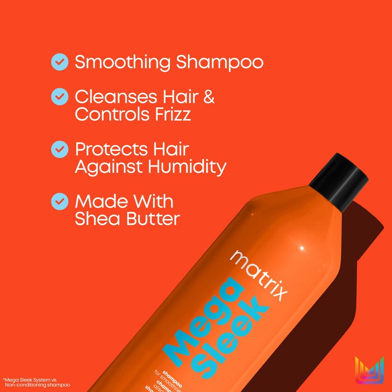 MATRIX Mega Sleek Shampoo - Anti-Frizz Moisturizing Shampoo,Smoothing and Detangling,For Dry & Damaged Hair,Salon Professional Formula,With Shea Butter,Vegan,33.8 Fl Oz,(Pack of 2)