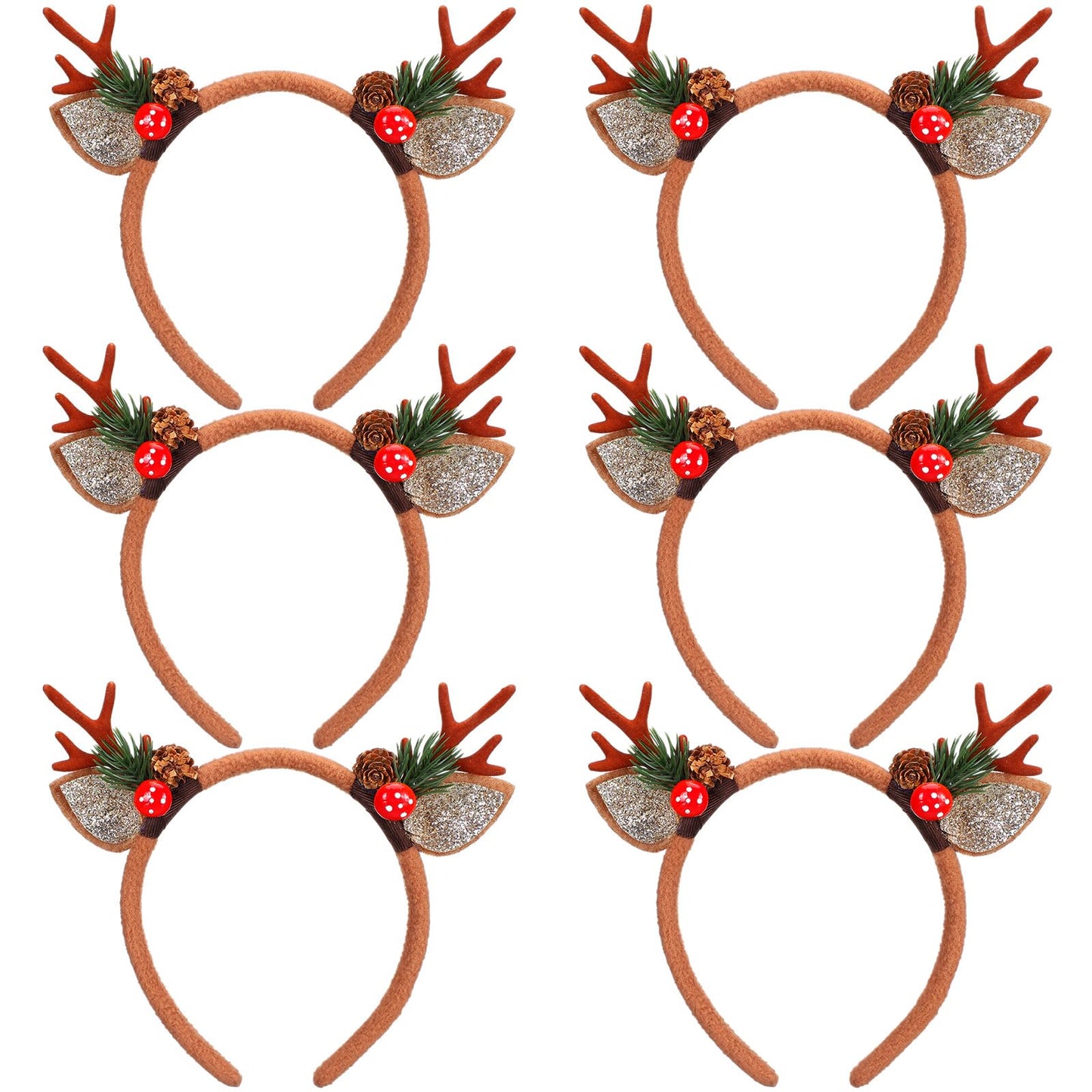Crowye 6 Pcs Christmas Reindeer Antlers Headband Xmas Glitter Elk Antlers Headband for Hair Accessories(Mushroom Pine Branch)