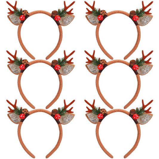 Crowye 6 Pcs Christmas Reindeer Antlers Headband Xmas Glitter Elk Antlers Headband for Hair Accessories(Mushroom Pine Branch)