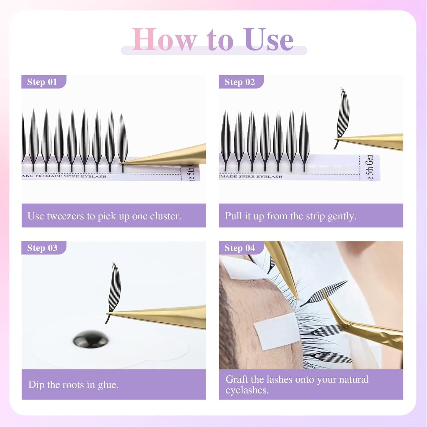 Premade Spire Eyelash Extensions - Feather Shape Manga Lashes | Soft Black, 5 Trays, 8-15mm Mix