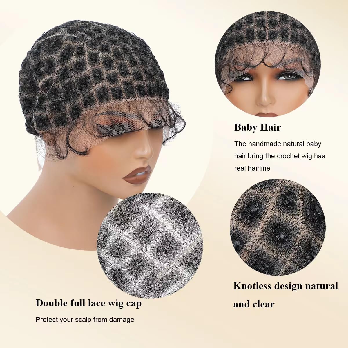 UCABEWEL Double Full Lace Crochet Wig Caps With Natural Knots And Baby Hair Quick For Wig Making, Breathable HD Lace Braided Cap For Crochet Braids, Glueless Hair Net With Bangs (100sections)