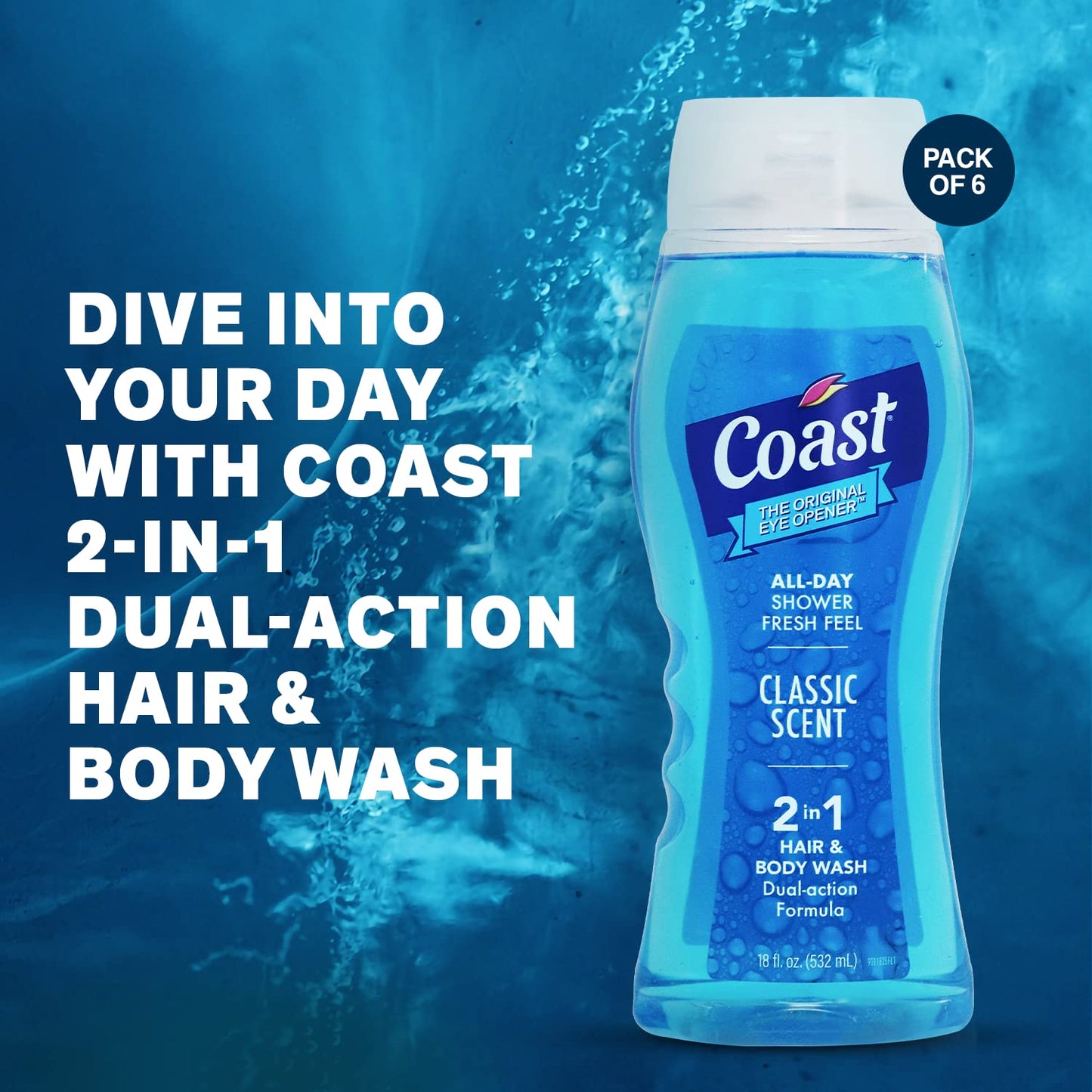 Coast 2-in-1 Hair and Body Wash, Classic Scent - Men's Body Wash, Shampoo & Conditioner - 6 Pack x 18 Fl Oz - Moisturizing & Refreshing Rich Lather for Energized And Clean Skin