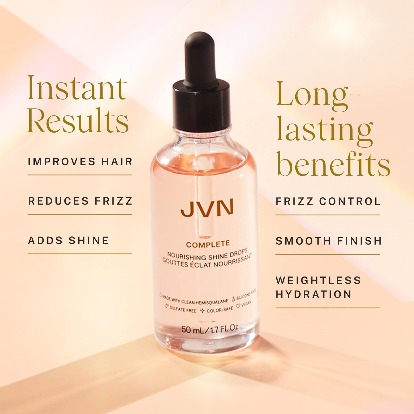 JVN Complete Nourishing Shine Drops, 1.7 Fl Oz, Frizz Fighting, Hair Smoothing Oil for Shine and Strength, Hair Care for Women and Men, Silicone Free